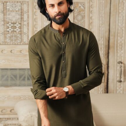 MEHNDI GREEN BLENDED SEMI-FORMAL KAMEEZ SHALWAR